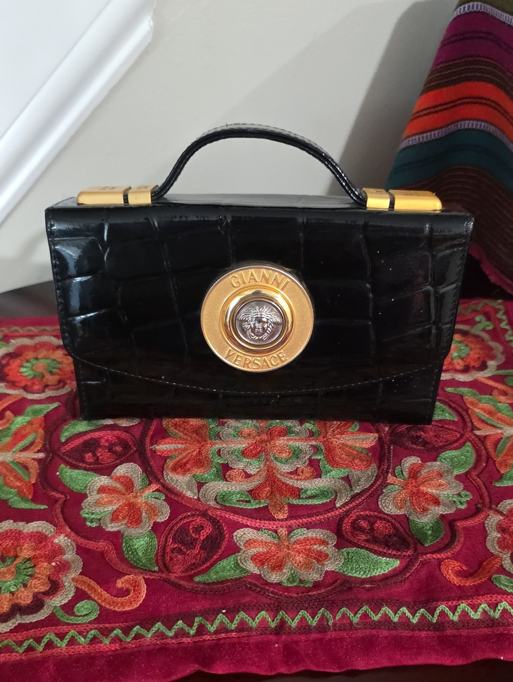 Versace Black Croc-Embossed Mini Top-Handle Bag with Gold Medallion